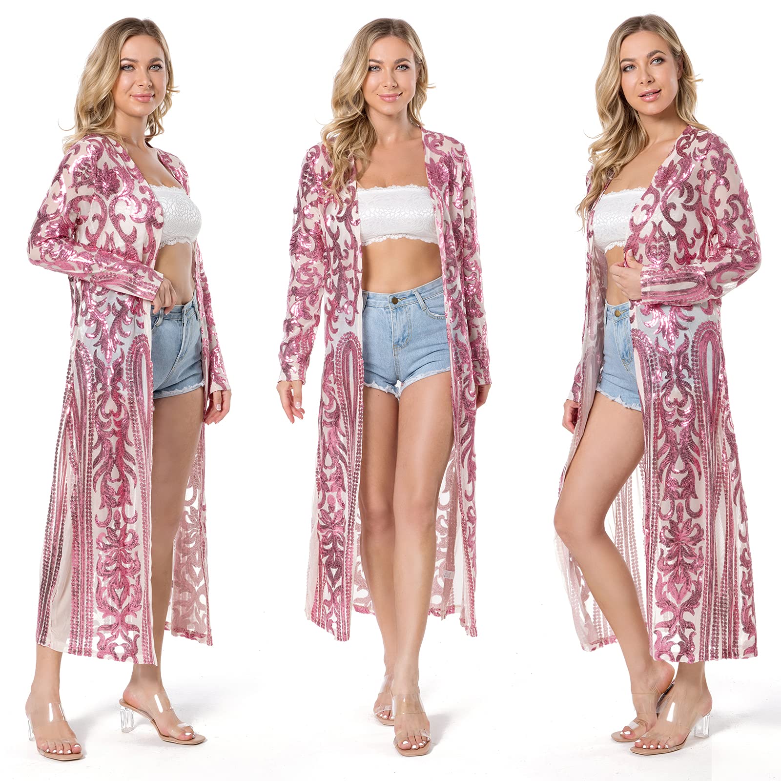 Women's Glitter Sequin Cardigan Long Sleeve Sparkle Duster Evening Party Cover U