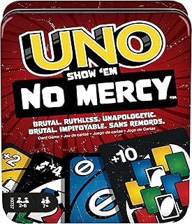 Mattel Games UNO Show ‘em No Mercy Card Game in Storage Tin,Ages 7+ | Extra Cards, Special Rules & Tougher Penalties for Kids, Teens & Family Game Night, 2-6 Players (Amazon Exclusive)