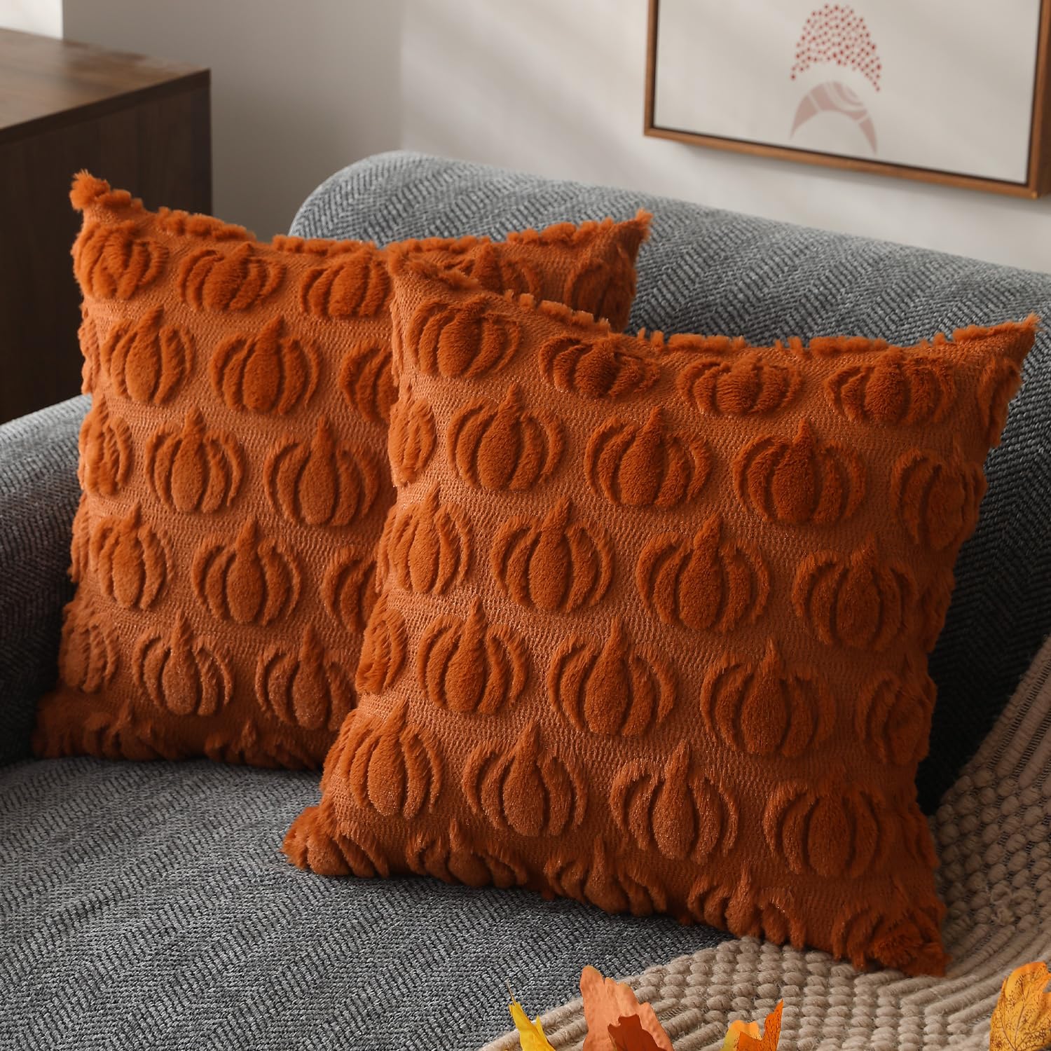 DFXSZ Fall Pillow Covers 18x18 2Pcs Rust Pumpkin Fall Decorations for Home | Fal