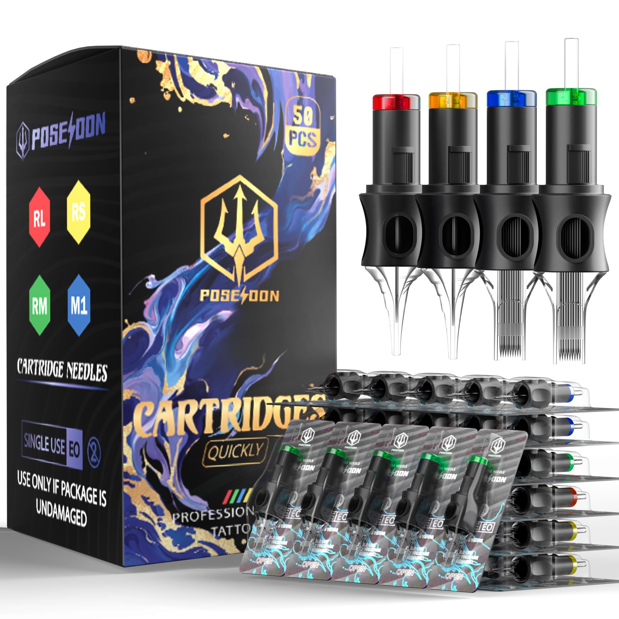 Poseidon 50PCS Tattoo Cartridge Needles Assorted Mixed Size #12 Round Liner Shad
