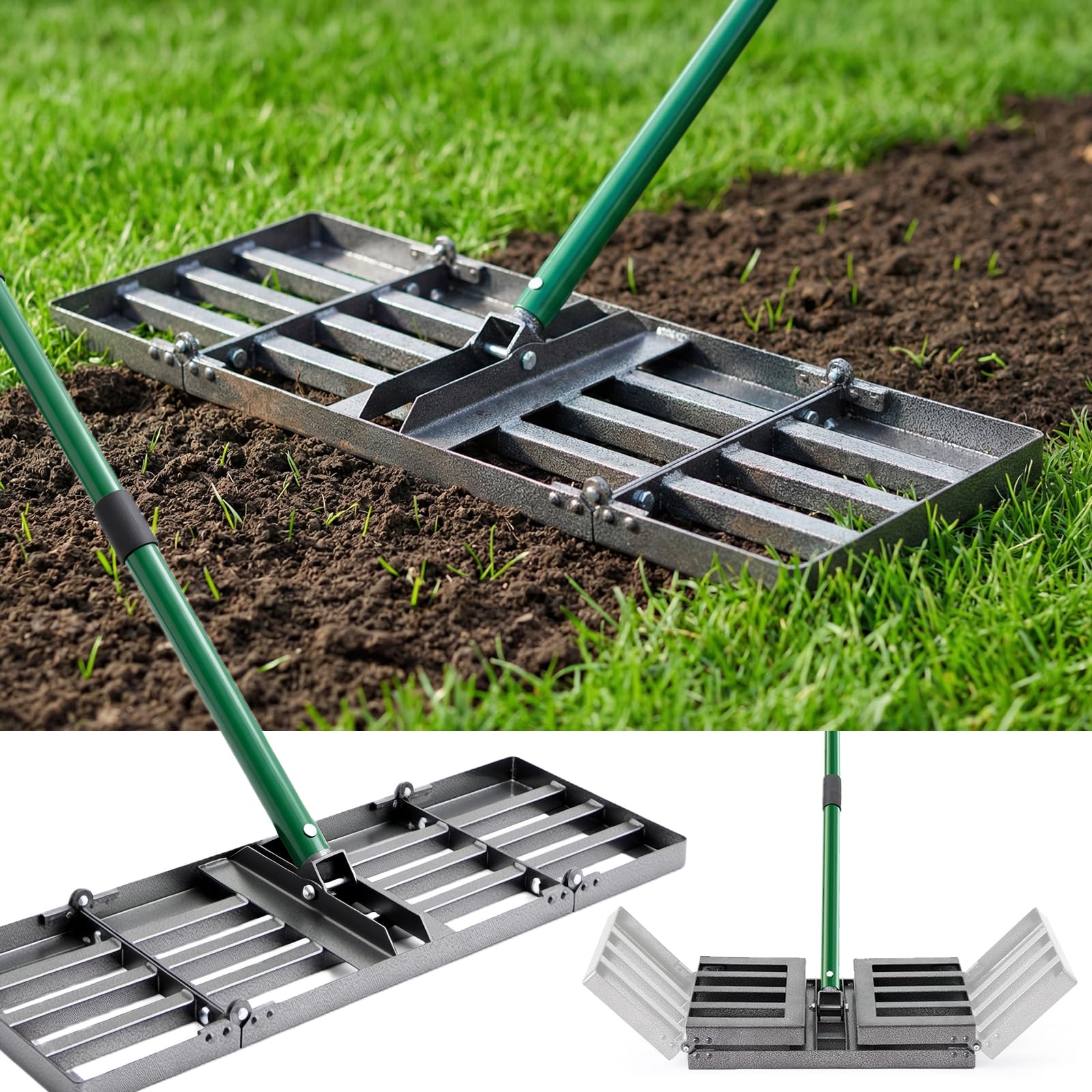 Lawn Leveling Rake 76x25cm , Heavy Duty Lawn Leveler with 84-196cm Adjustable Ha