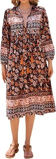 R.Vivimos Women's Long Sleeve Floral Print Retro V Neck Tassel Bohemian Midi Dresses