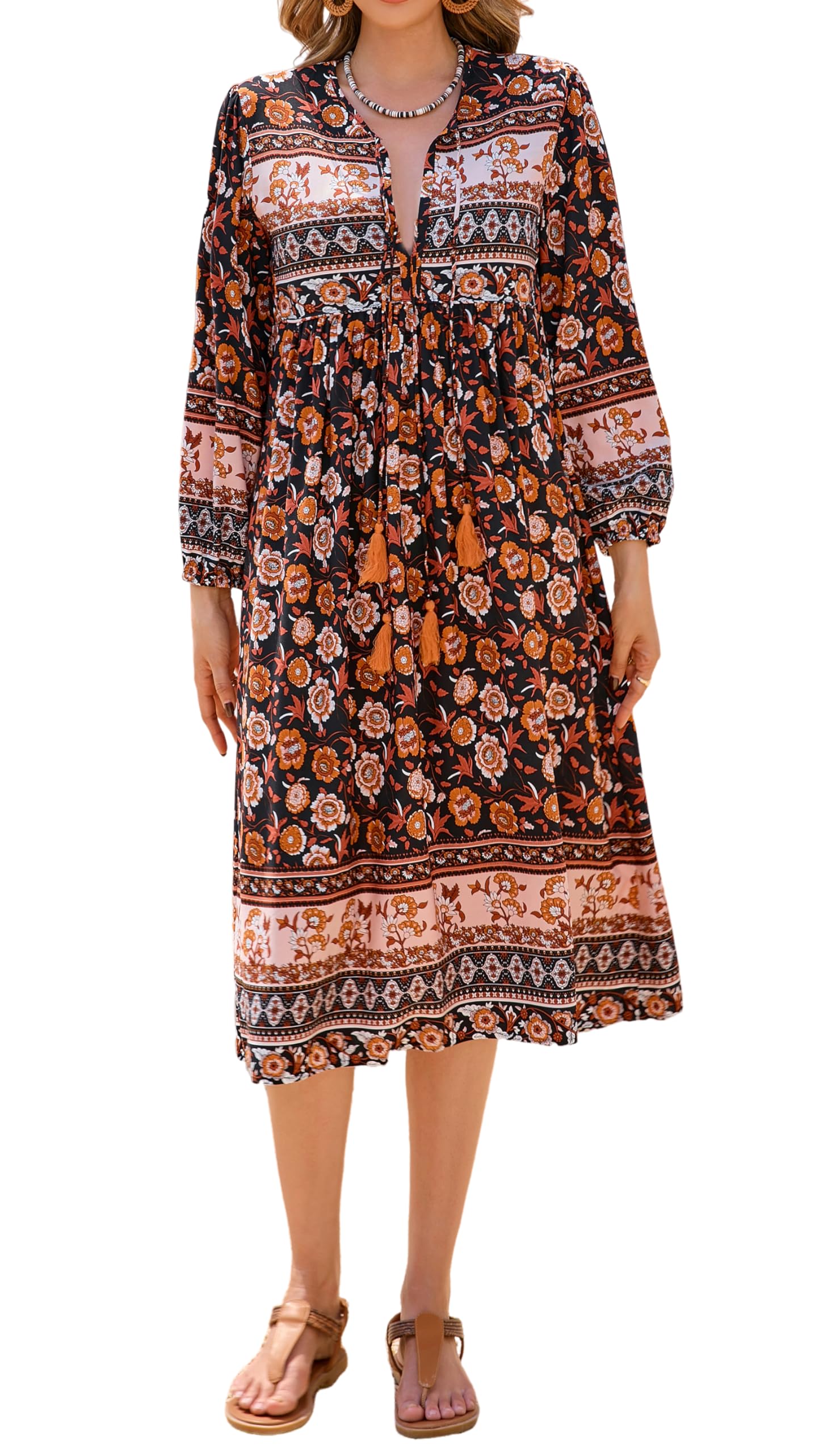 R.Vivimos Women's Long Sleeve Floral Print Retro V Neck Tassel Bohemian Midi Dre