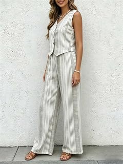 Women 2 Piece Striped Sleeveless V Neck High Waist Wide Leg Pants Suit Summer Casual