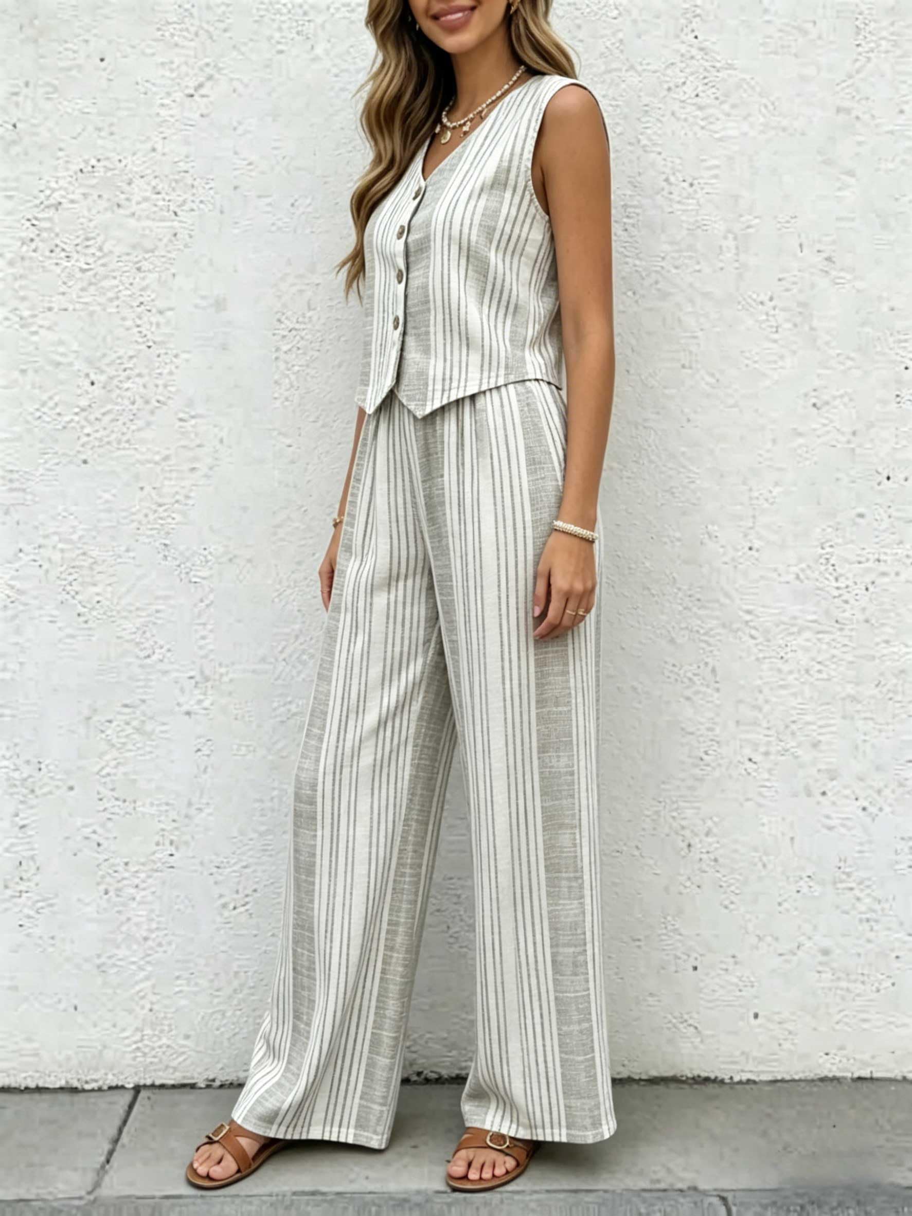 Women 2 Piece Striped Sleeveless V Neck High Waist Wide Leg Pants Suit Summer Ca