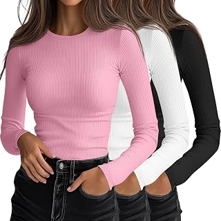 Ficerd 3 Pack Women's Ribbed Knit Long Sleeve Crew Neck Slim Fit Stretchy Layering Tops