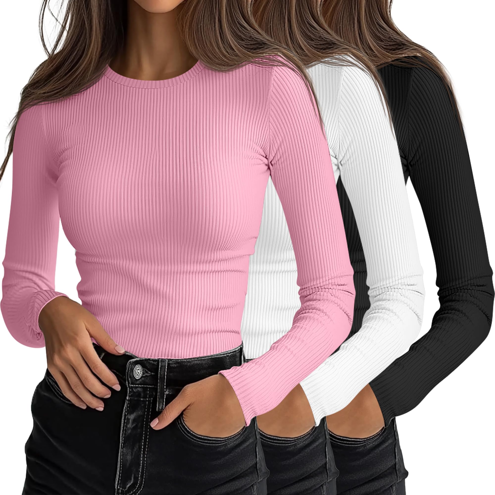 Ficerd 3 Pack Women's Ribbed Knit Long Sleeve Crew Neck Slim Fit Stretchy Layeri
