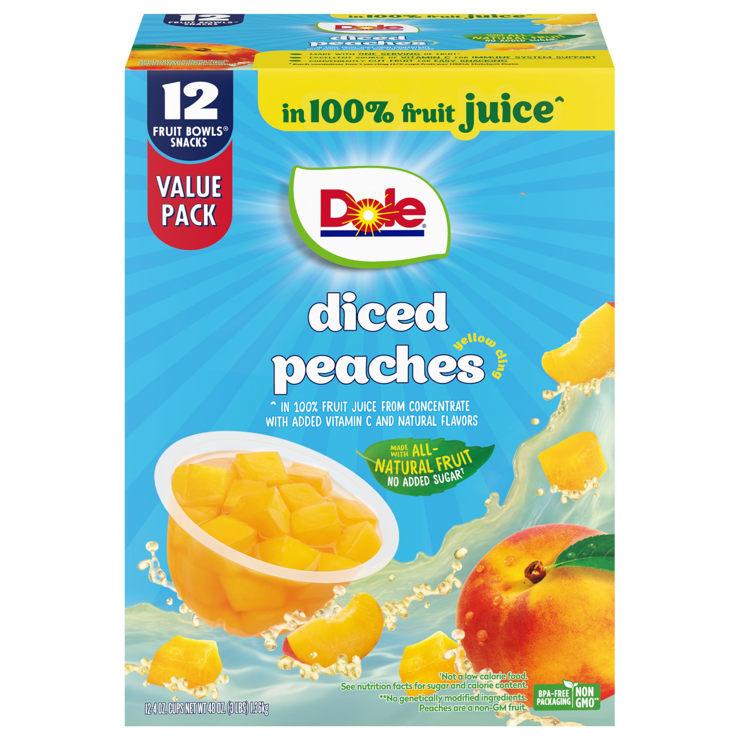 Dole Diced Peaches, 4 oz Fruit Bowls, 12 Pack | In 100% Juice, Fruit Bowls Snack
