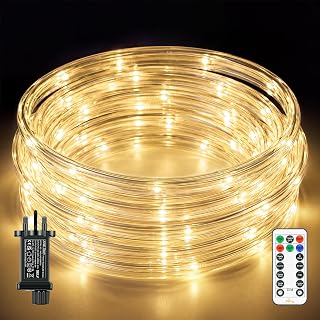 Ollny 10M 100 LEDs Rope Lights Mains Powered Garden Tube LED Light Plug in | IP68 Waterproof/8 Lighting Modes/3 Timer/Memory/Low Voltage/Remote Christmas Rope Lights for Indoor Outdoor Use Warm White