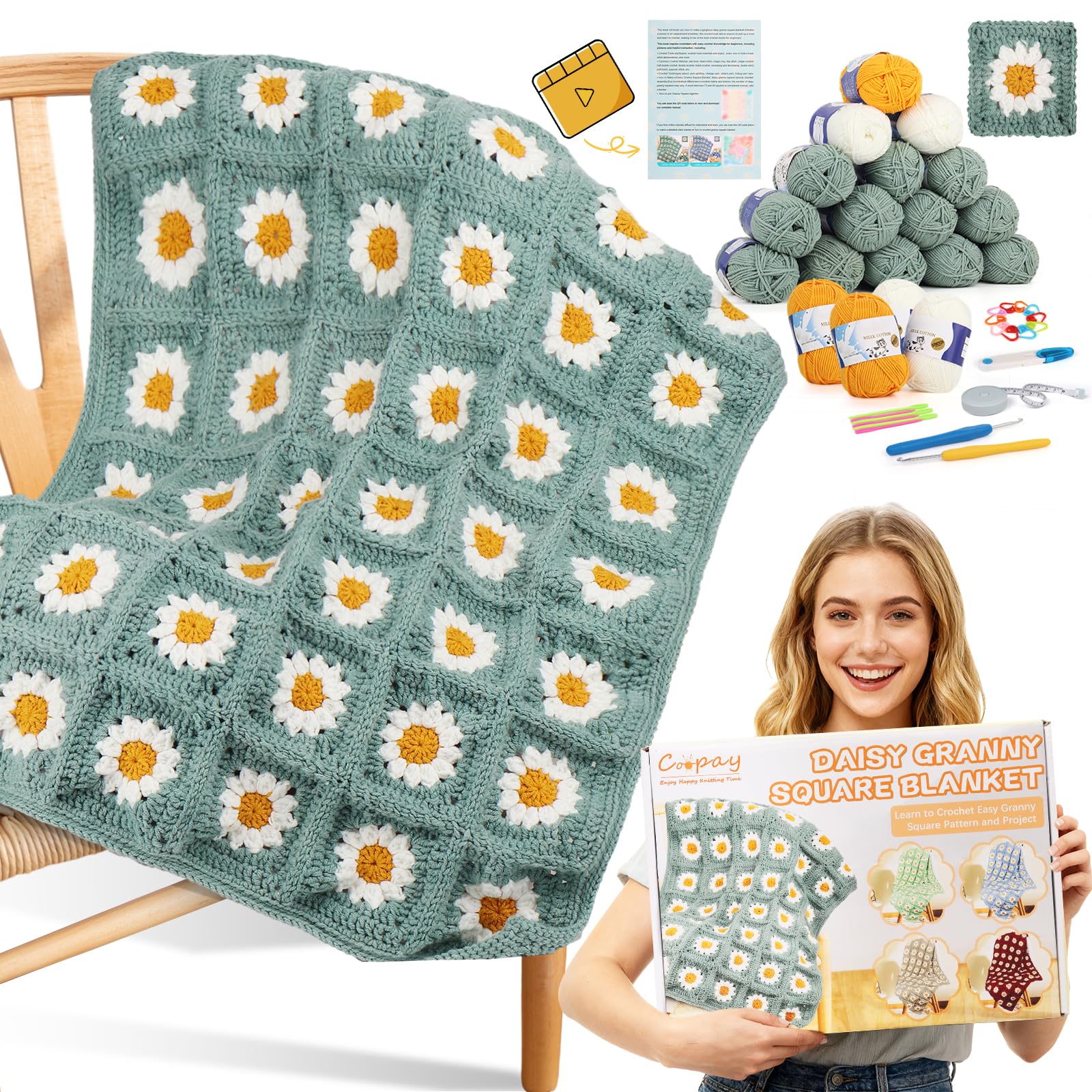 Coopay Crochet Kit for Beginners, Easy Granny Square Crochet Blanket Kit | Croch