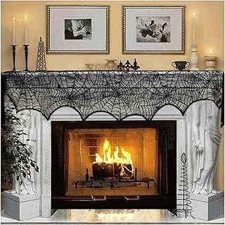 AerWo Halloween Decoration Black Lace Spiderweb Fireplace Mantle Scarf Cover Festive Party Supplies 45 X 243cm 18 x 96 inch