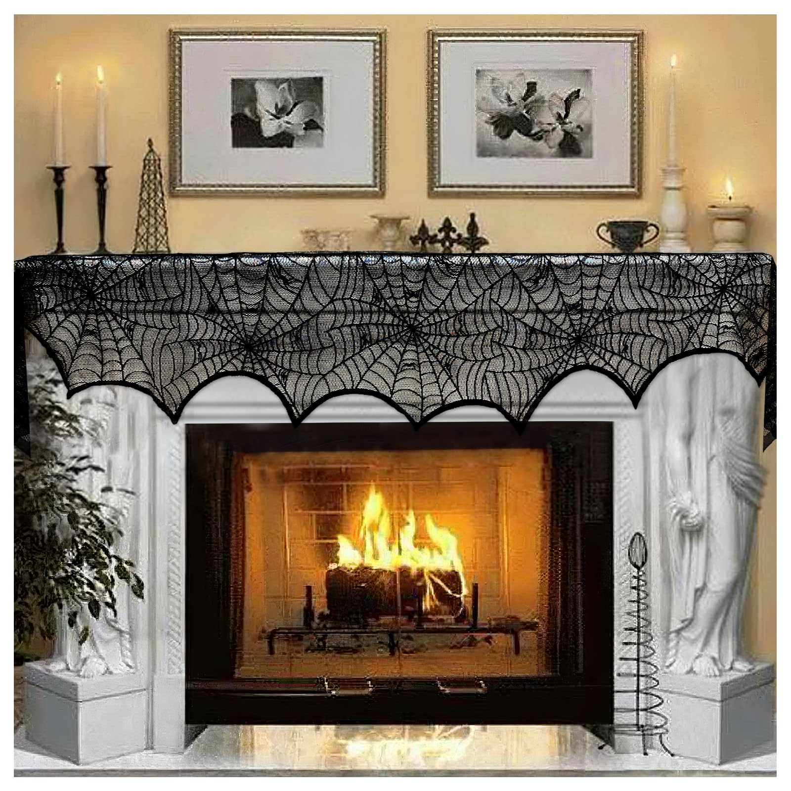 AerWo Halloween Decoration Black Lace Spiderweb Fireplace Mantle Scarf Cover Fes