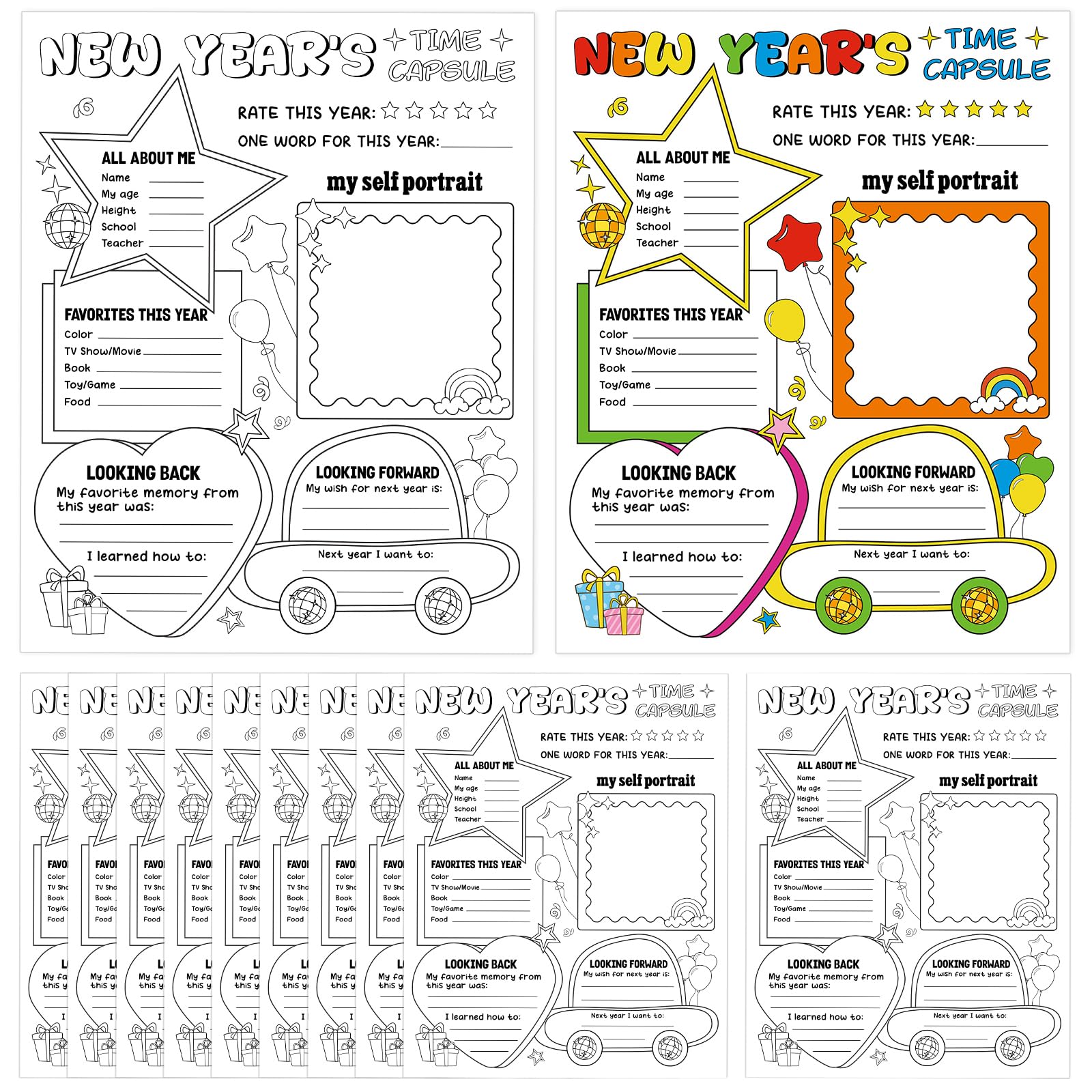 Afniimyapt 40 Pcs Happy New Year Coloring Sheets New Year's Time Capsule Colorin