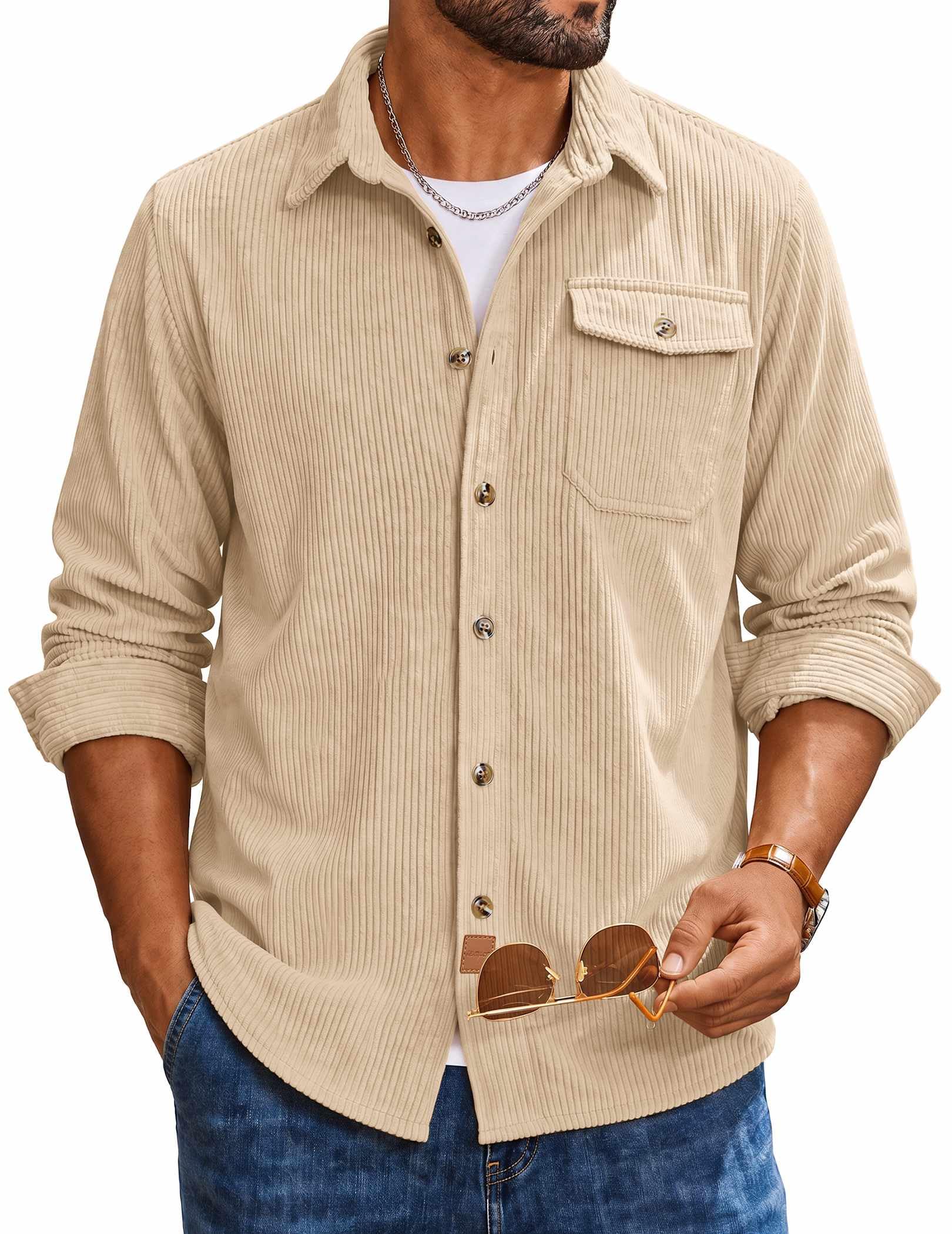 COOFANDY Camisa de pana de manga larga con botones para hombre