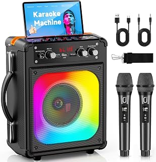 Karaoke Machine with 2 Mics for Adults, Deep Bass, Portable Party System | With Vocal Processor for Natural, Authentic Sound, Automatic Bass & Treble, Support TV&TWS for Home, Garden & Outdoor Parties