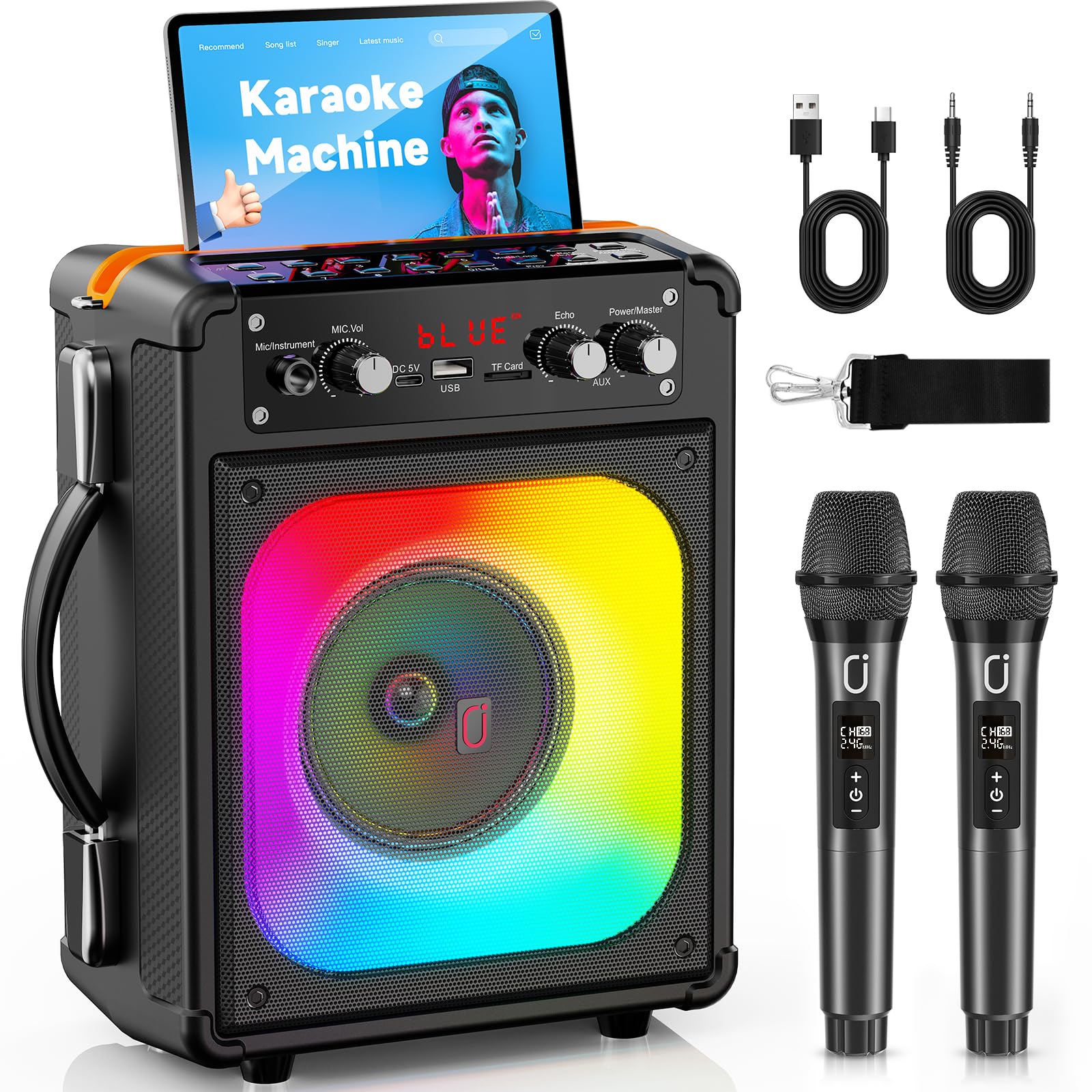 Karaoke Machine with 2 Mics for Adults, Deep Bass, Portable Party System | With 