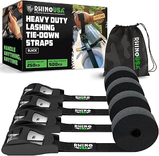 Rhino USA Lashing Straps (4-Pack) - Cam Buckle Tie Downs for Kayak | 500kg (1,320lb) Break Strength. 4 Heavy Duty 2.5cm x 3.6m Cam Buckle Pull Straps for Kayak & Cargo.