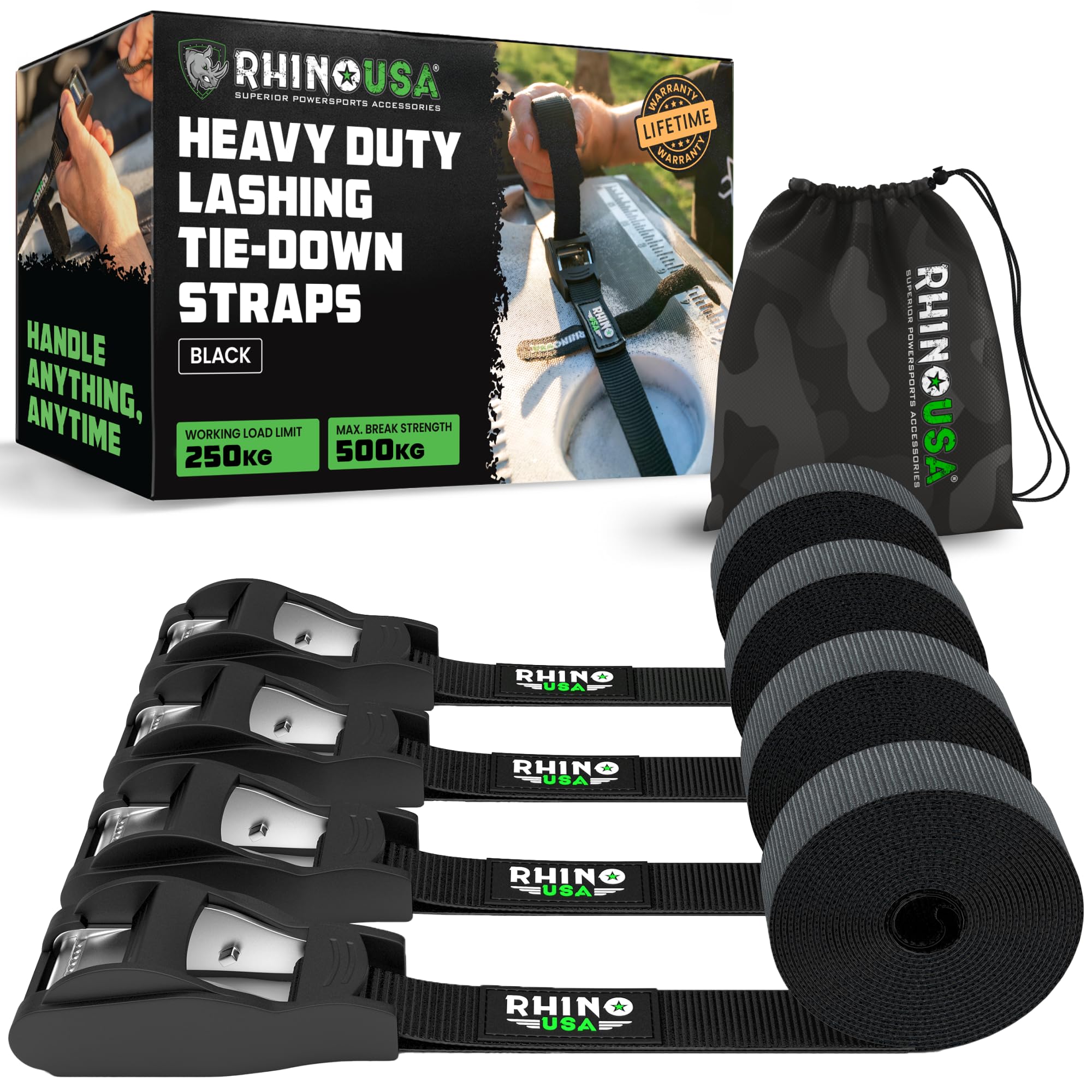 Rhino USA Lashing Straps (4-Pack) - Cam Buckle Tie Downs for Kayak | 500kg (1,32