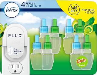 Febreze Plug In Air Freshener, Odor-Fighting Scented Oil Starter Kit for Home, Bathroom and Kitchen, Long Lasting for Strong Odors, Gain Original Scent, Warmer + 4 Refill