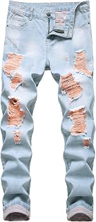 Men's Ripped Jeans Slim Fit Straight Leg Denim Pants with Holes