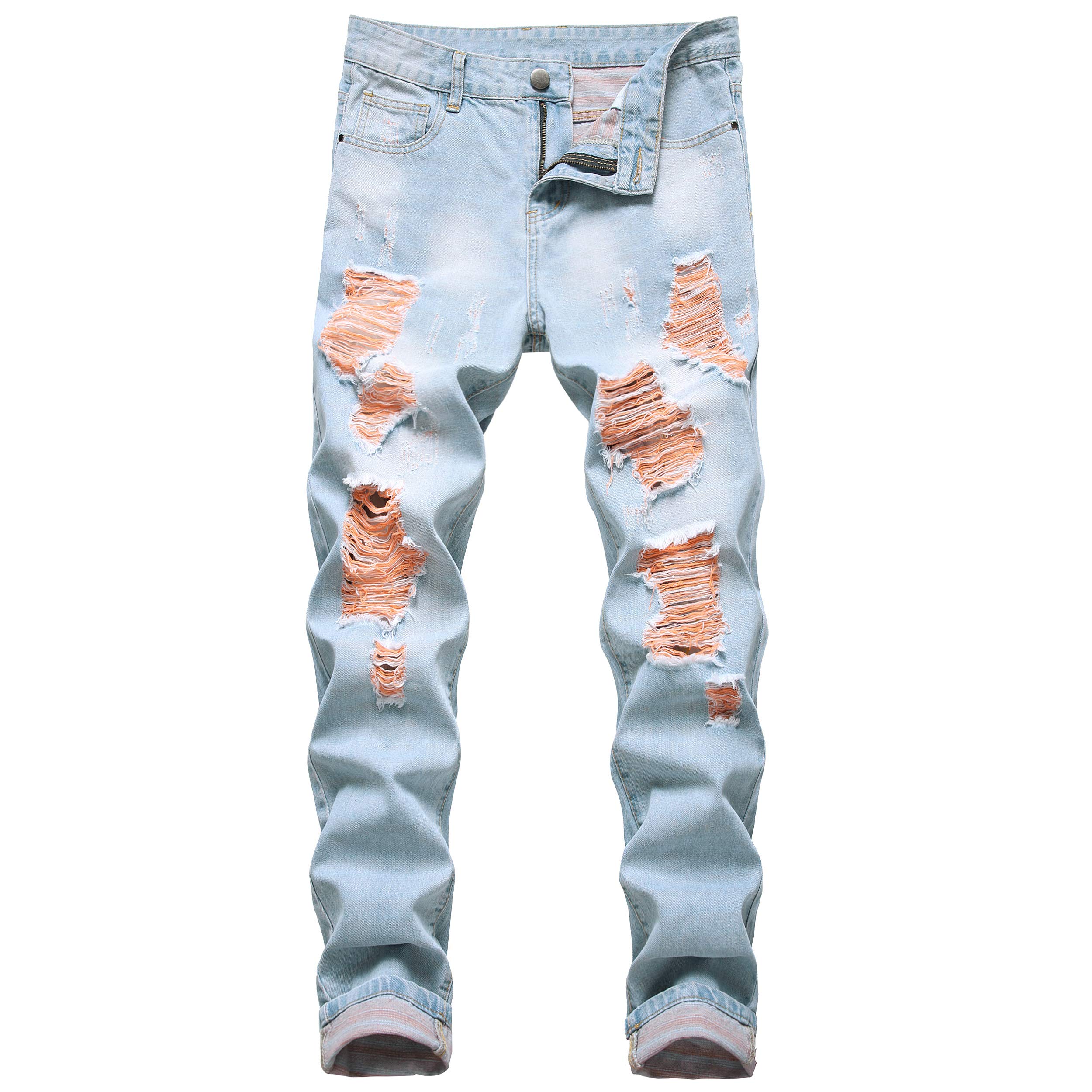 Men's Ripped Jeans Slim Fit Straight Leg Denim Pants with Holes