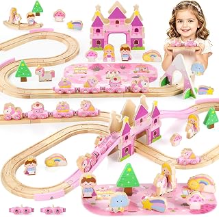 GAGAKU Wooden Train Set for Girls, 41 PCS Unicorn Princess Train Set with Magnetic Cars & Royal Castle Accessories, Pink Fairy Tale Wooden Train Track Set, Birthday Gift for Toddler Girls Toys 3+