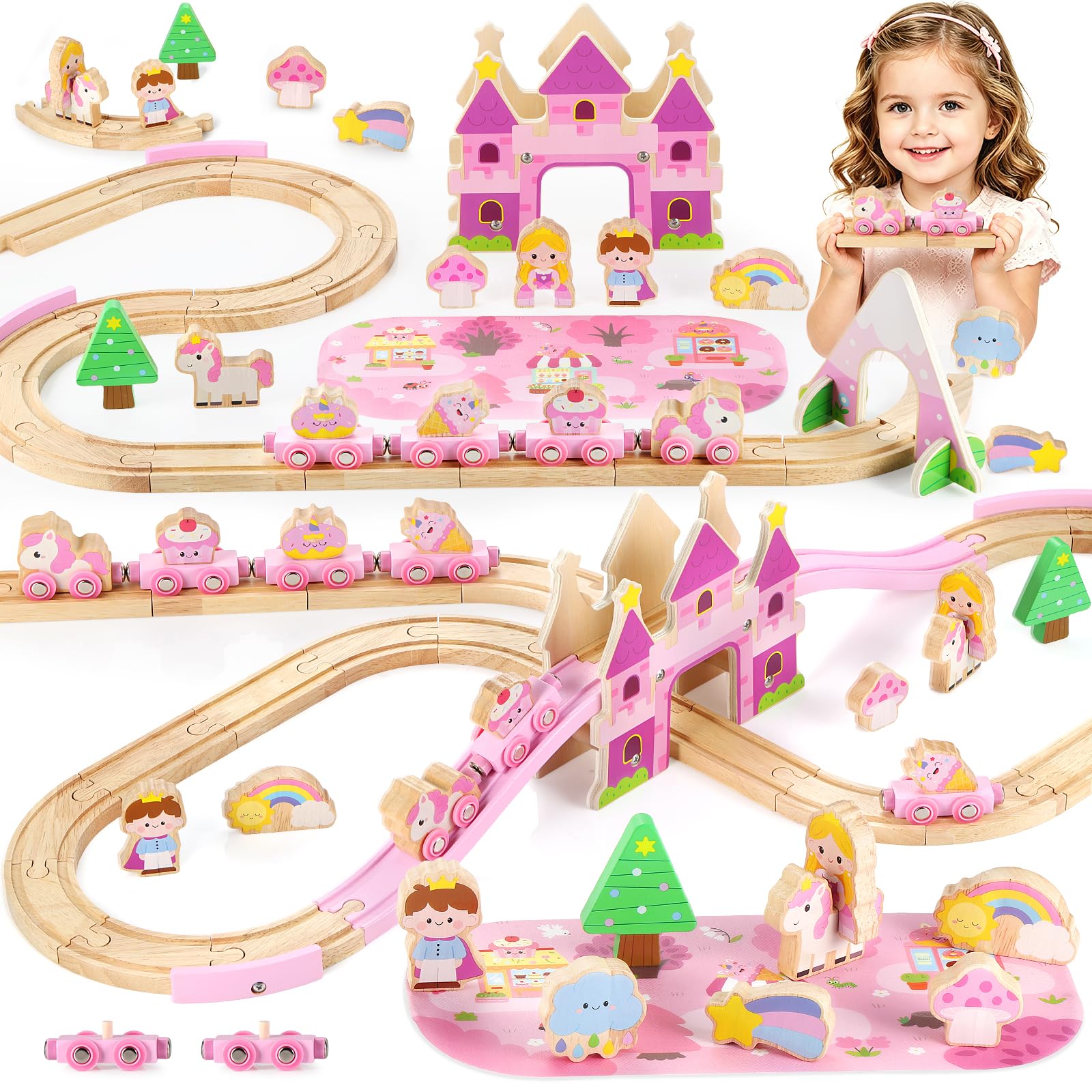 GAGAKU Wooden Train Set for Girls, 41 PCS Unicorn Princess Train Set with Magnet