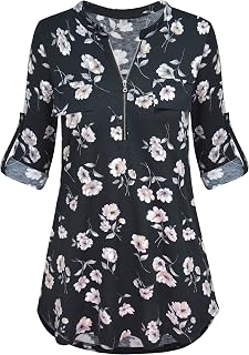 Odosalii Women's V-Neck Checked Blouse 3/4 Sleeves Short Sleeve Zip Tunic Tops Long Shirt T-Shirt