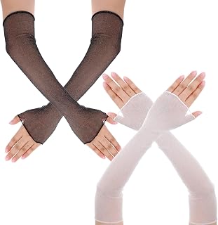 2 Pairs Women Lace Arm Sleeve Black/White Arm Lace Gloves Glitter Long Fingerless Sun UV Protection Summer Cooling Arm Mesh Sleeve for Women Girls Outdoor Sports Halloween (Bulk&White)