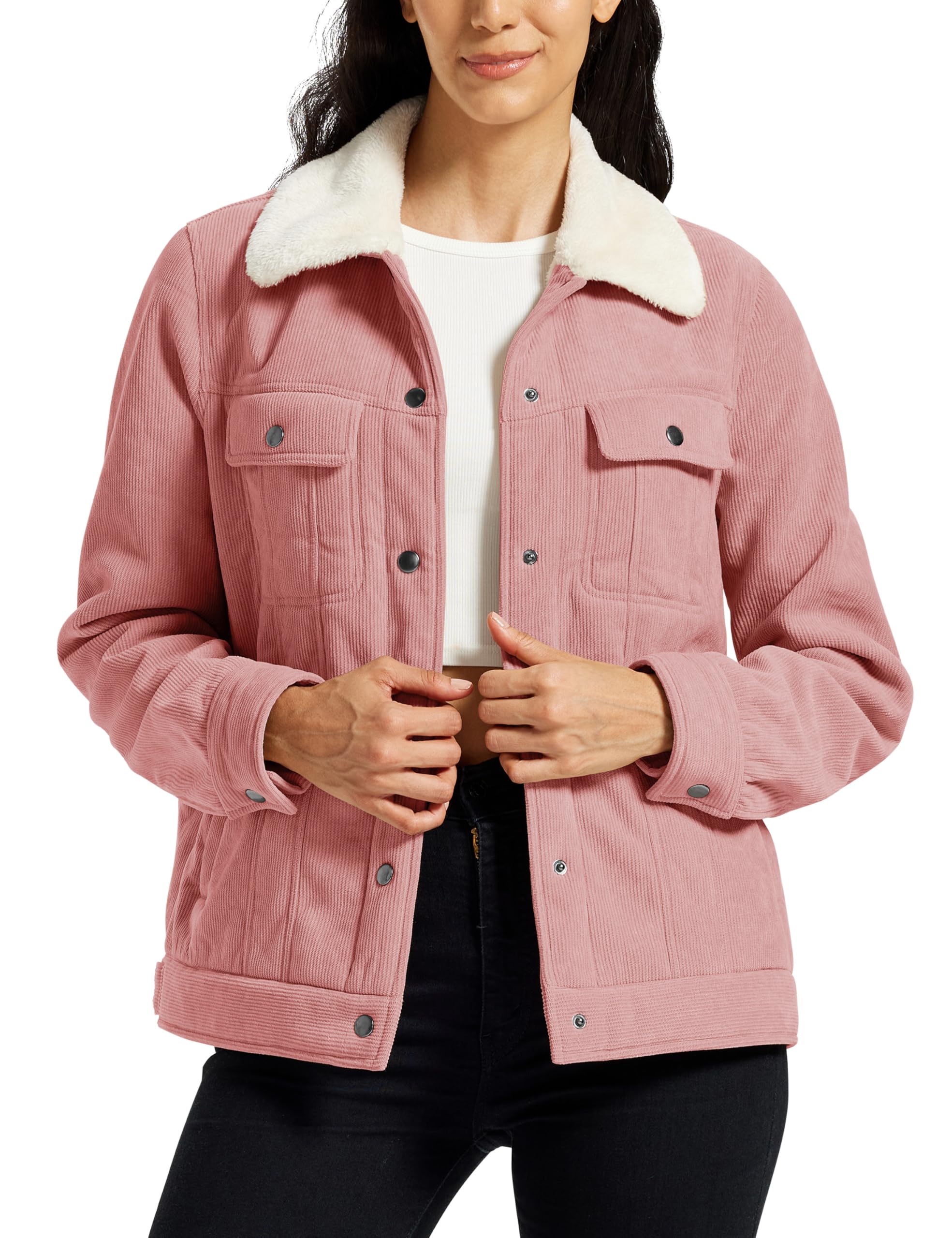MoFiz Women Winter Fleece Jacket Fashion Button Down Casual Corduroy Jacket