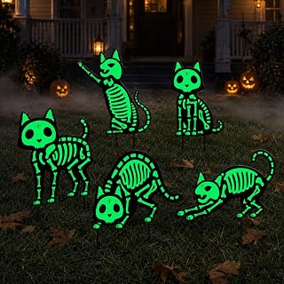 5 Pcs Halloween Skeleton Cat Yard Signs with Stakes, Glowing Lawn Decor | 5 pack skeleton cat lawn signs, 10 ground stakes included, fluorescent glow effect, waterproof PP hollow board yard decor
