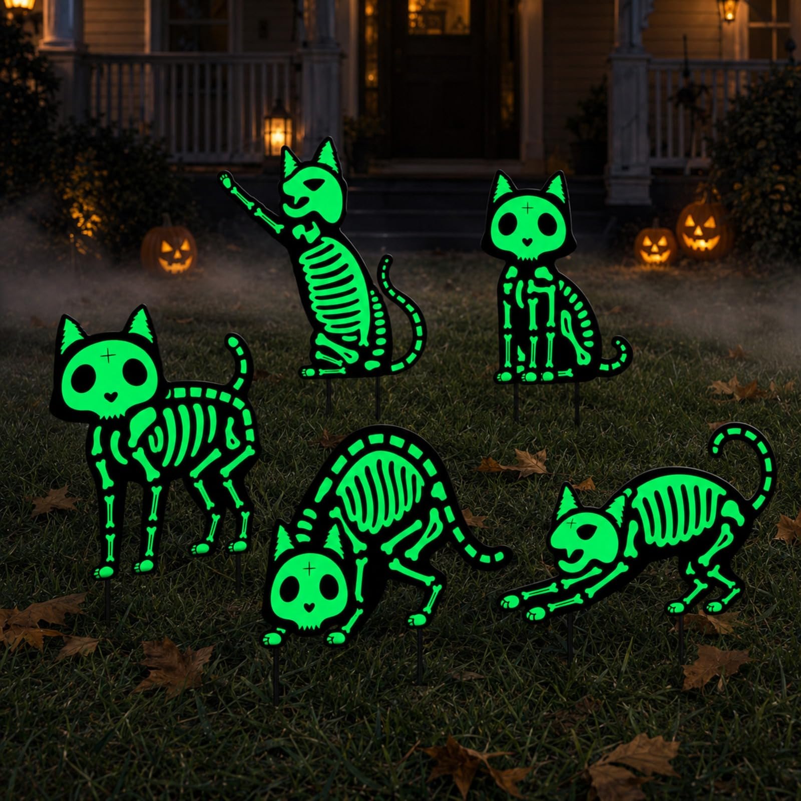 5 Pcs Halloween Skeleton Cat Yard Signs with Stakes, Glowing Lawn Decor | 5 pack