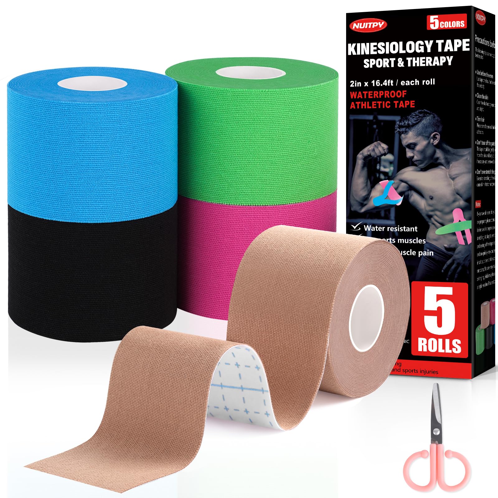 5 Rolls Kinesiology Tape, 5 Colors 2 inch x 16.4 Feet Waterproof Athletic Tape, 