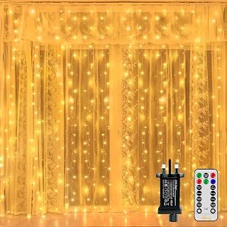 Ollny Curtain Fairy Lights, 300LED 3mx3m Waterfall Hanging String Lights | Mains Powered, Waterproof Light with Plug/8 Modes/Remote/Timer for Bedroom/Wall/Outdoor/Wedding/Garden/Party, Warm White
