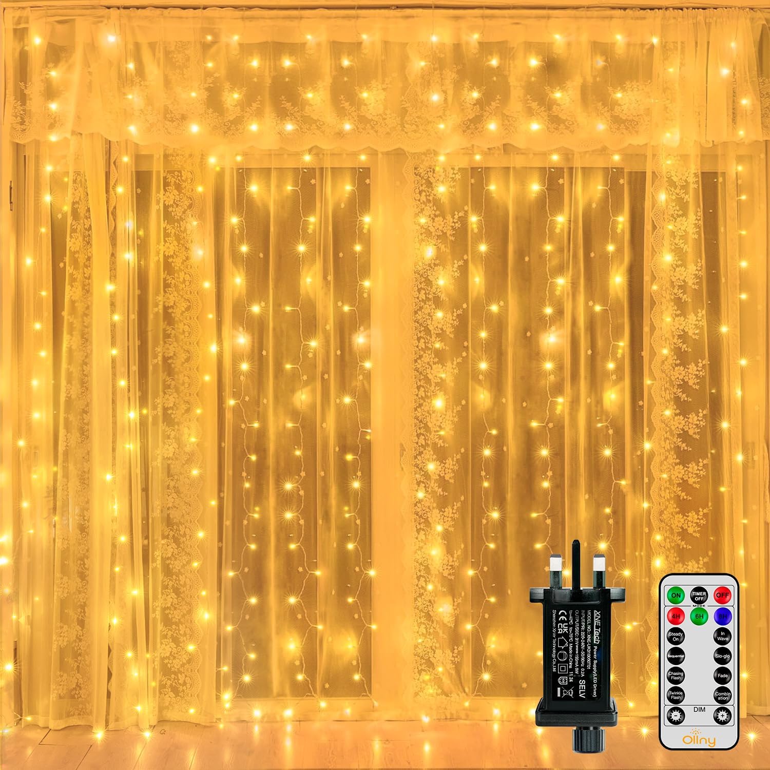 Ollny Curtain Fairy Lights, 300LED 3mx3m Waterfall Hanging String Lights | Mains