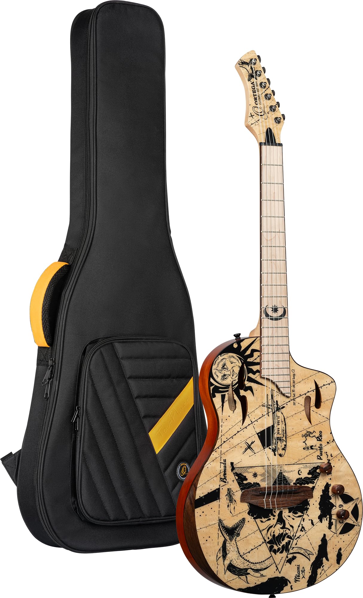 Ortega TourPlayer Thinline Crossover Nylon-String Electric Guitar w/Pro gig bag,