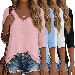 Ficerd 4 Pack Women's 3/4 Sleeve V-Neck Basic Tunic Tops Cotton Fashion Loose T-Shirts
