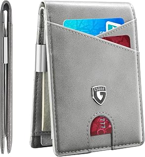 GSOIAX Slim Leather RFID Bifold Wallet for Men Minimalist Front Pocket Wallet with Money Clip,12 Card Slots,ID Window,Cool Groove Design,Includes Gift Box (Retro Grey)
