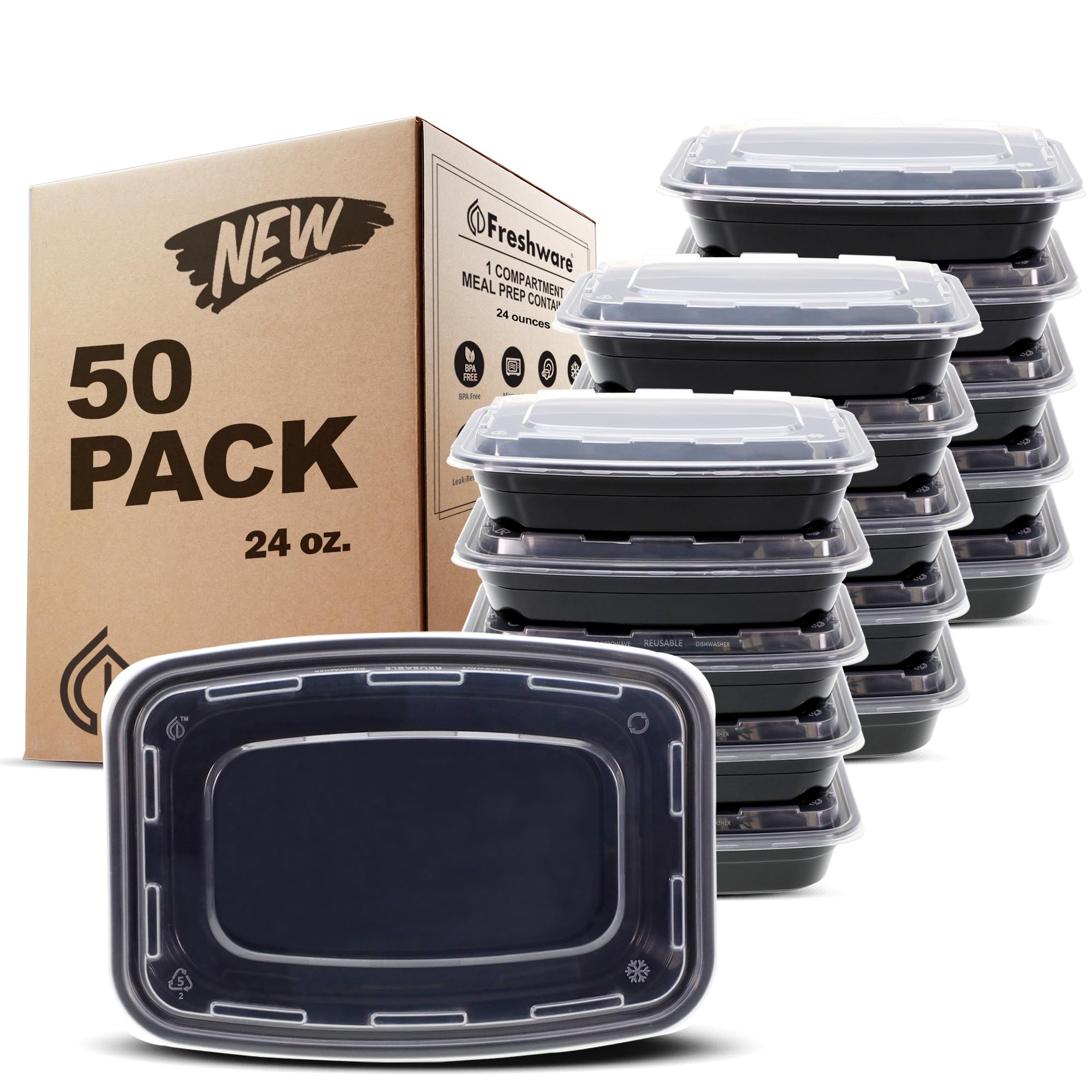 Freshware Meal Prep Containers [50 Pack] 24 oz Food Containers with Lids | Reusa