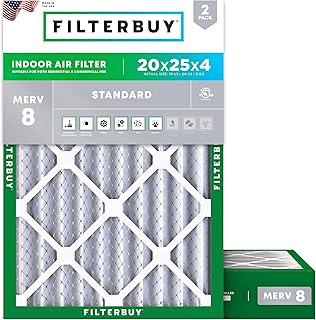 Filterbuy 20x25x4 Air Filter MERV 8 Dust & Allergy Defense (2-Pack) | Electrostatic Pleated HVAC AC Furnace Filters Replacement, Made in USA (Actual Size: 19.50 x 24.50 x 3.63)