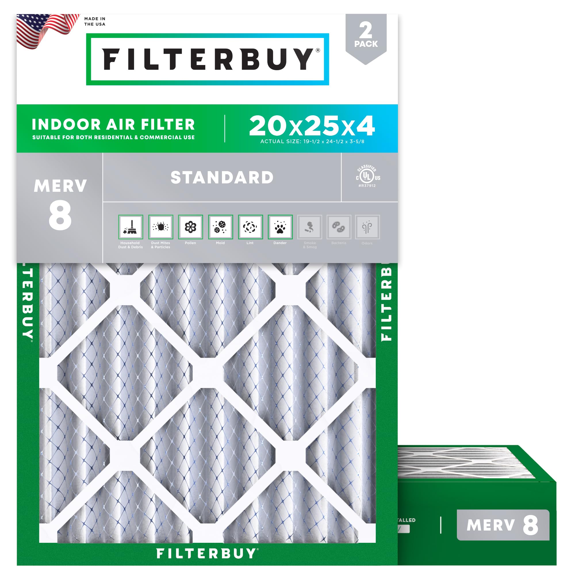 Filterbuy 20x25x4 Air Filter MERV 8 Dust & Allergy Defense (2-Pack) | Electrosta