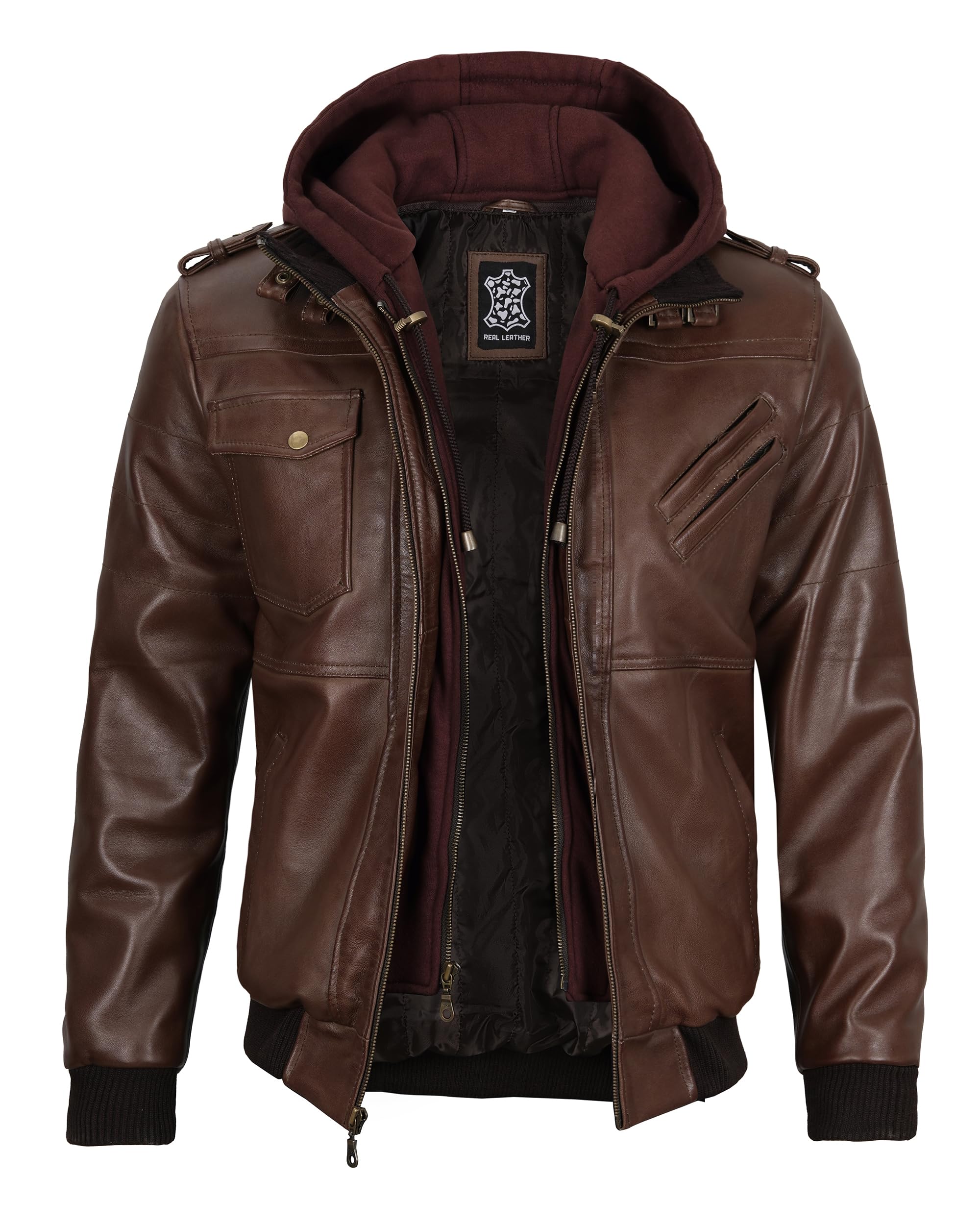 Hooded Leather Jacket Men Real Leather Bomber Jackets With Detachable Hood