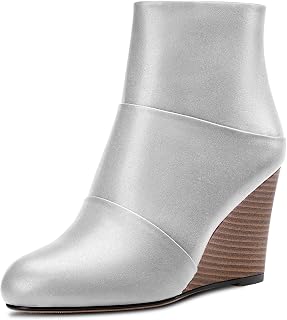 HDEUOLM Women's High Wedge Heel Closed Round Toe Ankle Boots 8.5 cm Heels Slip-on Zip Cute Shoes