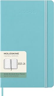 Moleskine Weekly Planner 2025-2026, 18-Month Weekly Planner With Note Space, Hard Cover and Elastic Closure, Large 13 x 21 cm, Colour Aquamarine