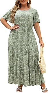 Nemidor Women's Plus Size Curvy Maxi Dresses Summer Casual Boho Ditsy Floral Print Layered Flared Long Dress with Pocket