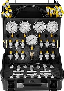 VEVOR Hydraulic Pressure Test Kit, 10/100/250/400/600bar, 5 Gauges 13 Test Couplings 14 Tee Connectors 5 Test Hoses, Hydraulic Gauge Kit with Sturdy Carrying Case, for Excavator Construction Machinery