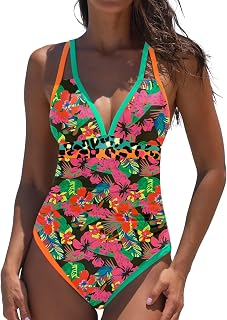 popvil Women One Piece Swimsuit 2025 Tummy Control Neon Color Block Swimwear Deep V Neck Slimming Swimsuit