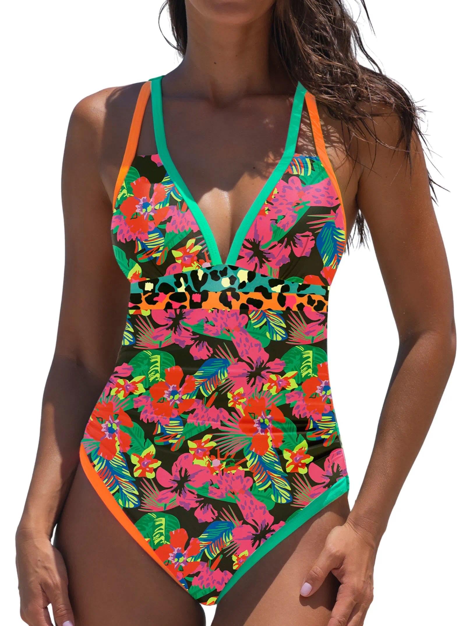 popvil Women One Piece Swimsuit 2025 Tummy Control Neon Color Block Swimwear Dee