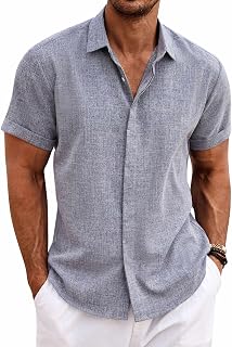 COOFANDY Camisa de Lino para Hombre Camisa de Manga Corta con Botones Camisas Informales de Ajuste Regular Camisa de Lino de Playa de Verano