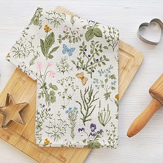 Botanical Dandelion Butterfly Pattern, 24" x 14" Durable Microfiber Tea Towels, Waffle Towel for Kitchen, Home and Bathroom, Rustic Decor